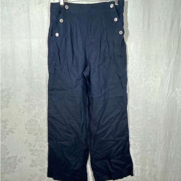 Jones Co Linen Pants LRG Navy Pull On Button Detail Wide Leg High Rise Trousers - Picture 1 of 12